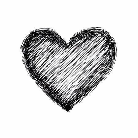 Delicate Hand Drawn Heart with Thin Black Outline and Transparent Backgroundのイラスト素材