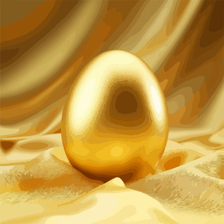 Opulent Golden Egg Nested on Vibrant Yellow Fabric Amidst Warm Glowのイラスト素材