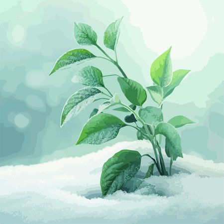 Winter's Awakening: Vibrant Green Leaves Emerge from a Snowy Gardenのイラスト素材