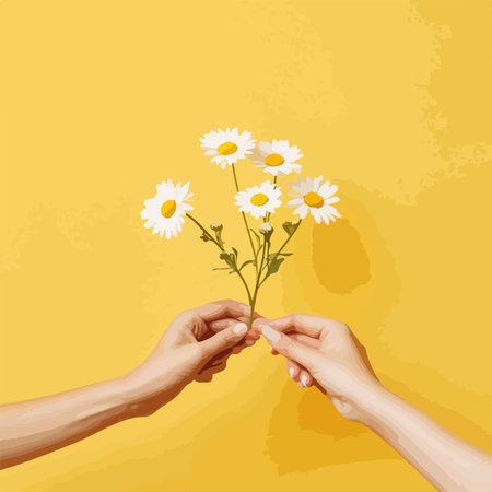 A Touch of Joy: Hands Exchanging Daisies on a Vibrant Yellow Backgroundのイラスト素材
