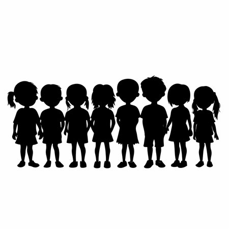 Silhouette Group of Children Playing Together against Tranquil Skyのイラスト素材