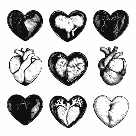 Hand Drawn Vector Hearts Adorned in Gradient Hues on White Backgroundのイラスト素材