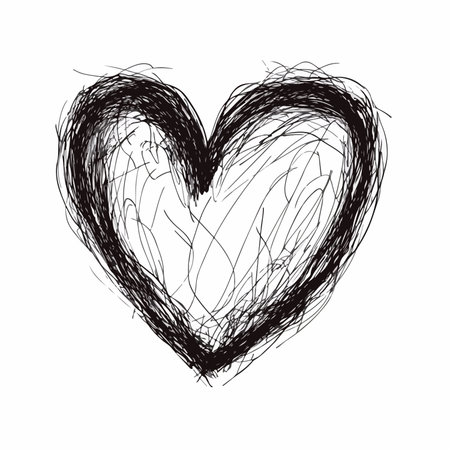 Delicate Hand Drawn Heart with Thin Black Outline and Transparent Backgroundのイラスト素材