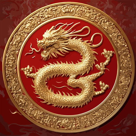 Golden Dragon Ascending on the Chinese Zodiac Wheel over Red Backgroundのイラスト素材
