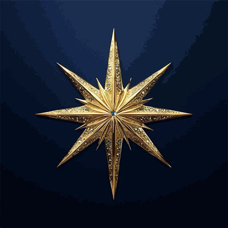 Golden Star of Bethlehem Ornament Shimmering on Dark Blue Background