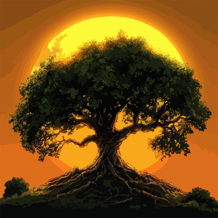 Majestic Tree Blazing with Sunlight Against a Serene Blue Skyのイラスト素材