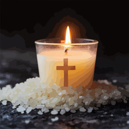 Illuminated Religious Candle with Cross Symbol against a Dark Background