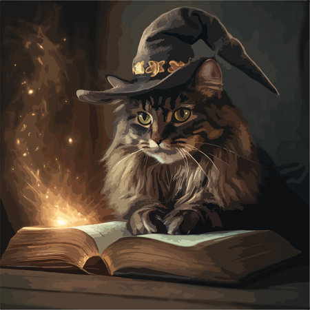 Bewitching Maine Coon Cat in a Magical Wizard Hatのイラスト素材
