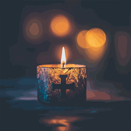 Illuminated Religious Candle with Cross Symbol against a Dark Backgroundのイラスト素材