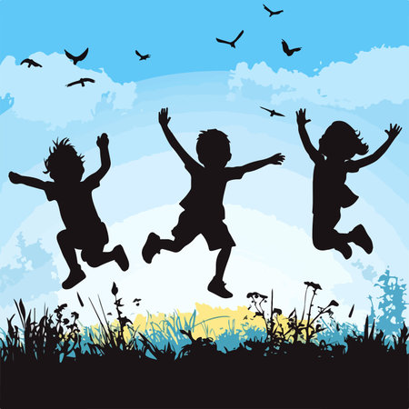 Silhouette of Joyful Children Playing Outdoors in Natureのイラスト素材