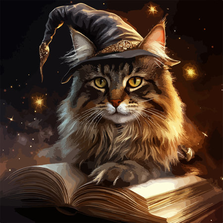 Bewitching Maine Coon Cat in a Magical Wizard Hatのイラスト素材
