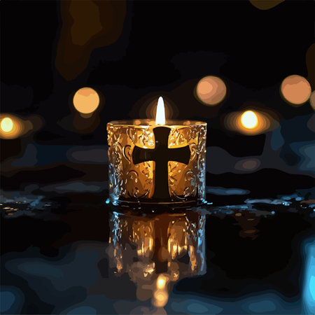 Illuminated Religious Candle with Cross Symbol against a Dark Backgroundのイラスト素材
