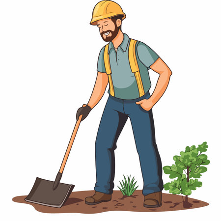 Male Laborer Digging Outdoors in Springtime with Shovelのイラスト素材