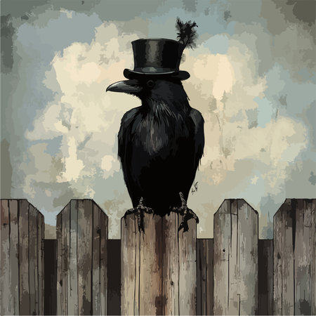 Mysterious Raven with Intriguing Top Hat Perched on Wooden Branchのイラスト素材