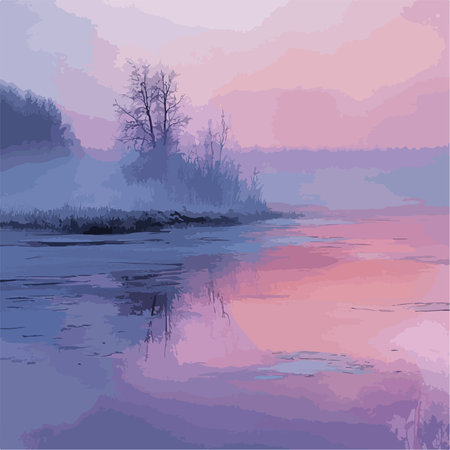 Mesmerizing Misty River at Twilight, Reflecting Serene Beautyのイラスト素材