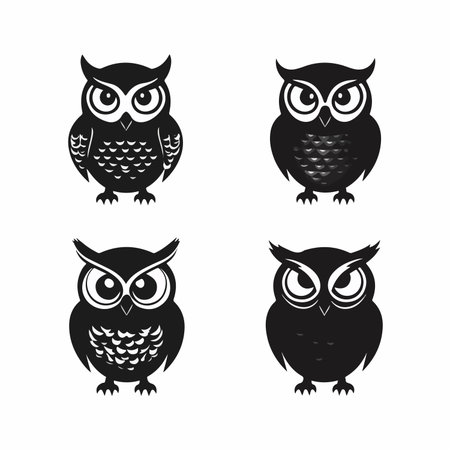 Isolated Vector Silhouette Icon of Two Owls on a Dark Blue Backgroundのイラスト素材