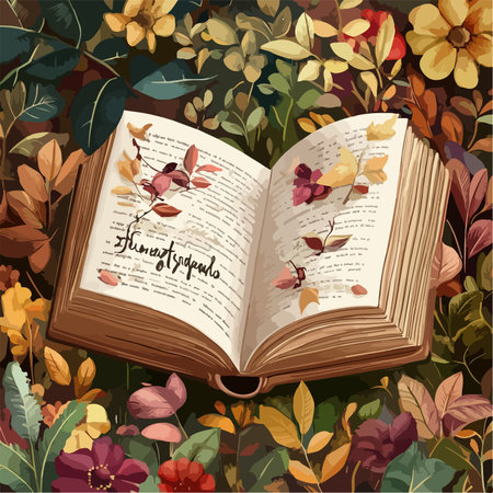 Open Book of Gratitude Amidst a Vibrant Floral Tapestryのイラスト素材