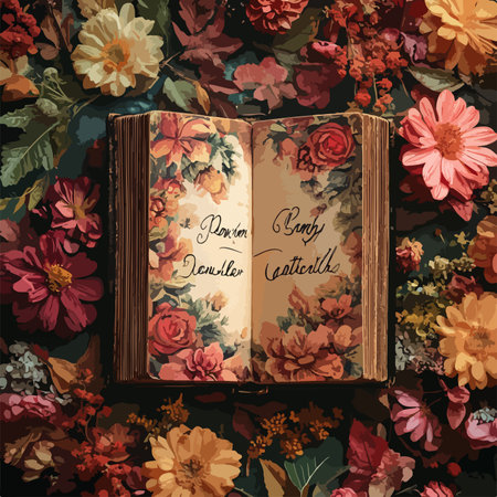 Open Book of Gratitude Amidst a Vibrant Floral Tapestryのイラスト素材