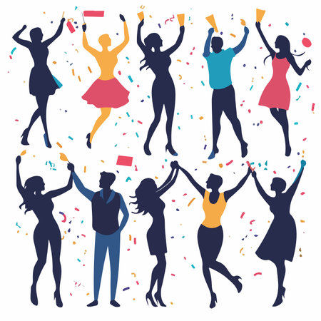 Silhouette Vector of a Group of People Celebrating with Raised Handsのイラスト素材