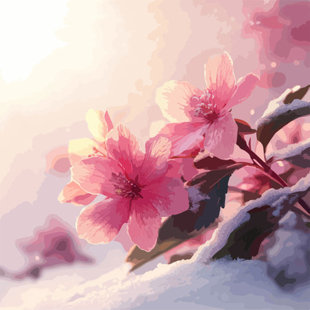 Pink Flowers Blooming Tenaciously Through Snow in Sunlightのイラスト素材