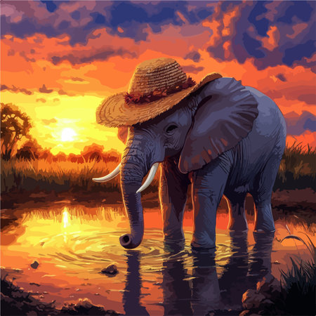 Playful Elephant Adorned with a Straw Hat by a Watering Holeのイラスト素材