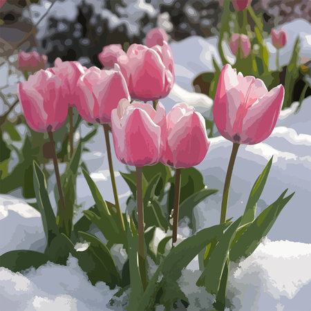 Vibrant Pink Tulips Blooming Defiantly Through Wintery Snow in Spring Gardenのイラスト素材
