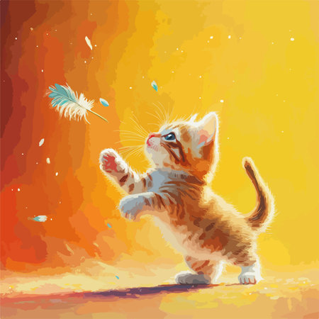 Playful Kitten Leaping to Catch Floating Feather on Vibrant Backgroundのイラスト素材