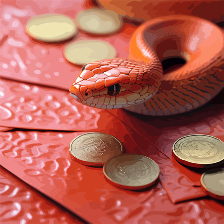 Orange Snake Coiled on Red Envelopes with Coins Displaying Lunar New Year Customs