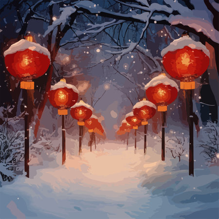 Winter wonderland with red lanterns illuminating snowy pathのイラスト素材