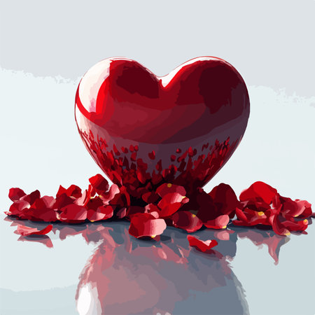 Romantic Scattered Rose Petals on Reflective Heart in Redのイラスト素材
