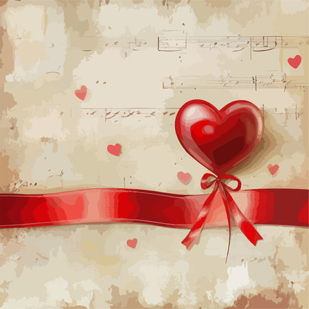 Vintage Background with Red Ribbon and Heart Notes for a Heartfelt Messageのイラスト素材