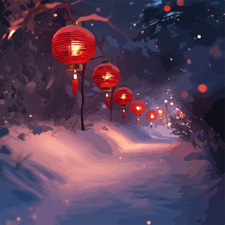 Winter wonderland with red lanterns illuminating snowy pathのイラスト素材