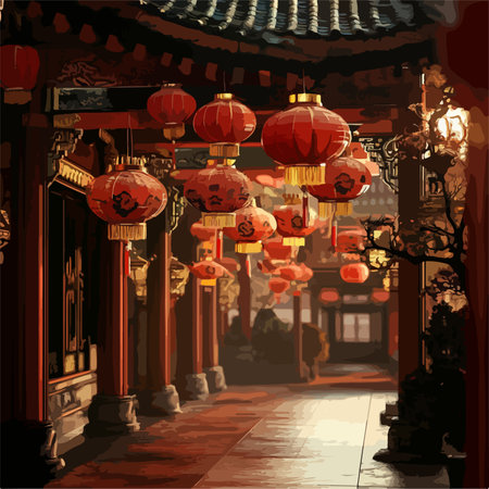 Ornate Red Lanterns Adorn the Entrance of a Chinese Templeのイラスト素材