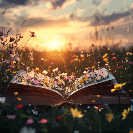 Open Book Adorned with Flowers at Outdoor Social Eventのイラスト素材