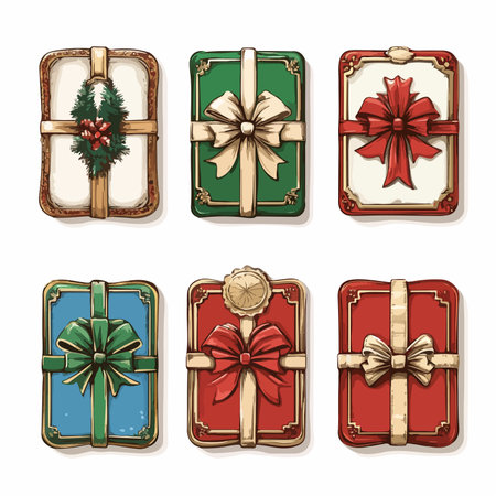 Vibrant Assortment of Retro Gift Boxes Adorned with Ribbonsのイラスト素材