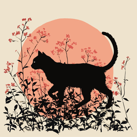 Eerie Silhouette of a Black Cat Prowling Amidst Colorful Blooms in a Secret Forestのイラスト素材