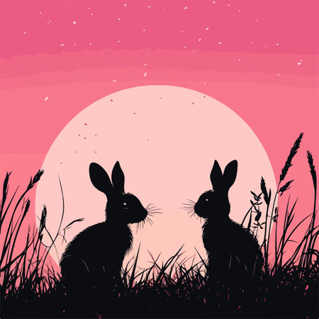 Silhouette of Rabbits Leaping against a Vibrant Pink Sunset Skyのイラスト素材