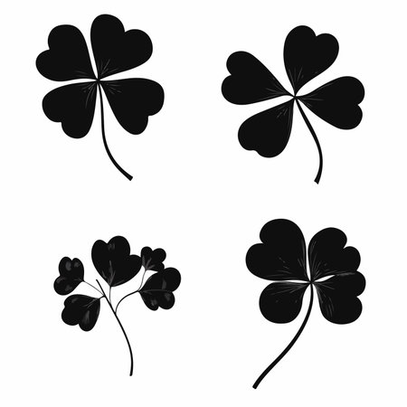 Silhouettes of Four Leaf Clovers Isolated on White Backgroundのイラスト素材