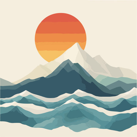 Stylized Mountain and Ocean Landscape with Sunrise Silhouette Glowのイラスト素材