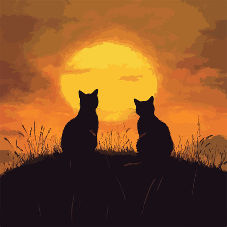 Two Cats Silhouette Against Sunset on Hilltop Panoramaのイラスト素材