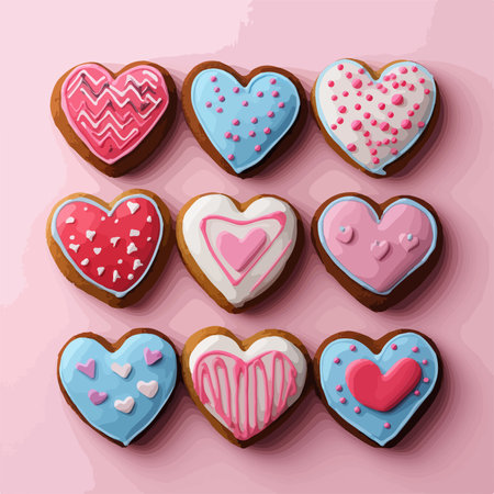Enchanting Valentine's Day Heart-Shaped Sugar Cookies with Decorative Icingのイラスト素材