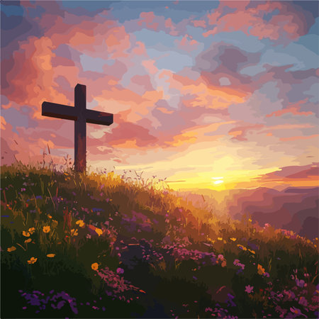 Wooden Cross Overlooking a Hilltop Sunset with Wild Grassのイラスト素材