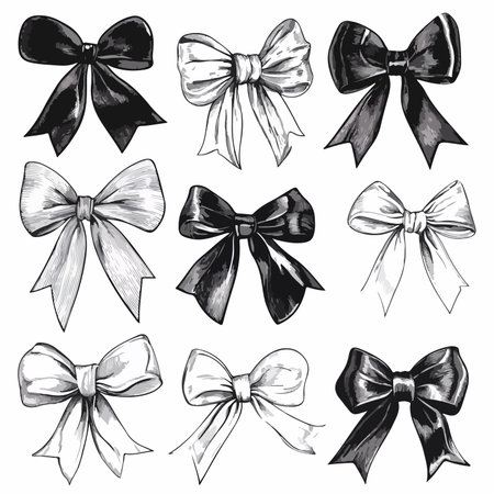 Handcrafted Collection of Black and White Bows in Intricate Designsのイラスト素材