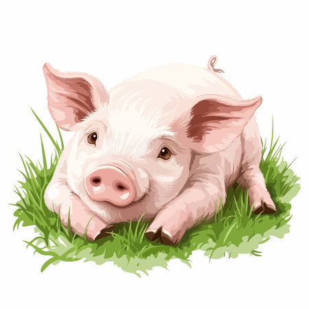 Adorable Young Piglet Relaxing on a Green Pastureのイラスト素材