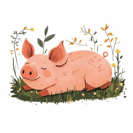 Whimsical Illustration of a Relaxing Pig in a Cozy Fieldのイラスト素材