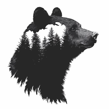 Detailed Silhouette Illustration of a Bear in a Forest Settingのイラスト素材