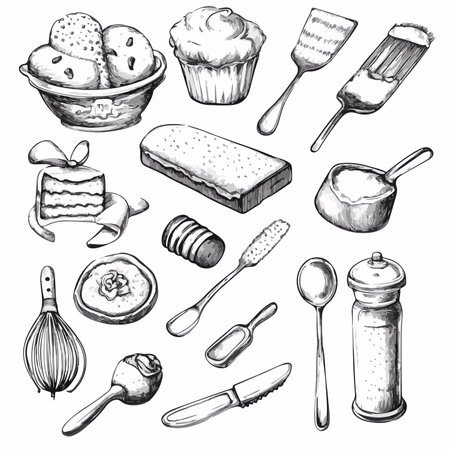 Hand Drawn Illustration of Assorted Kitchenware and Culinary Toolsのイラスト素材