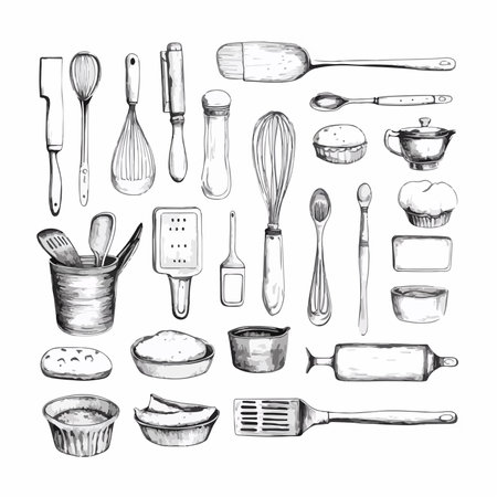 Hand Drawn Illustration of Assorted Kitchenware and Culinary Toolsのイラスト素材