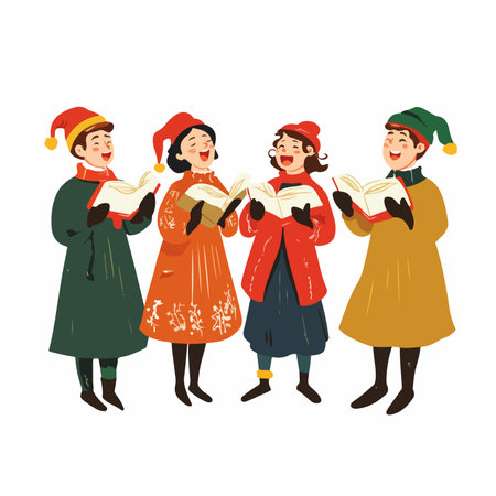Vintage Illustration Depicting the Joyous Christmas Caroling Sceneのイラスト素材