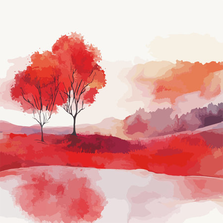 Abstract Landscape with Crimson Trees and Serene Water Reflectionsのイラスト素材